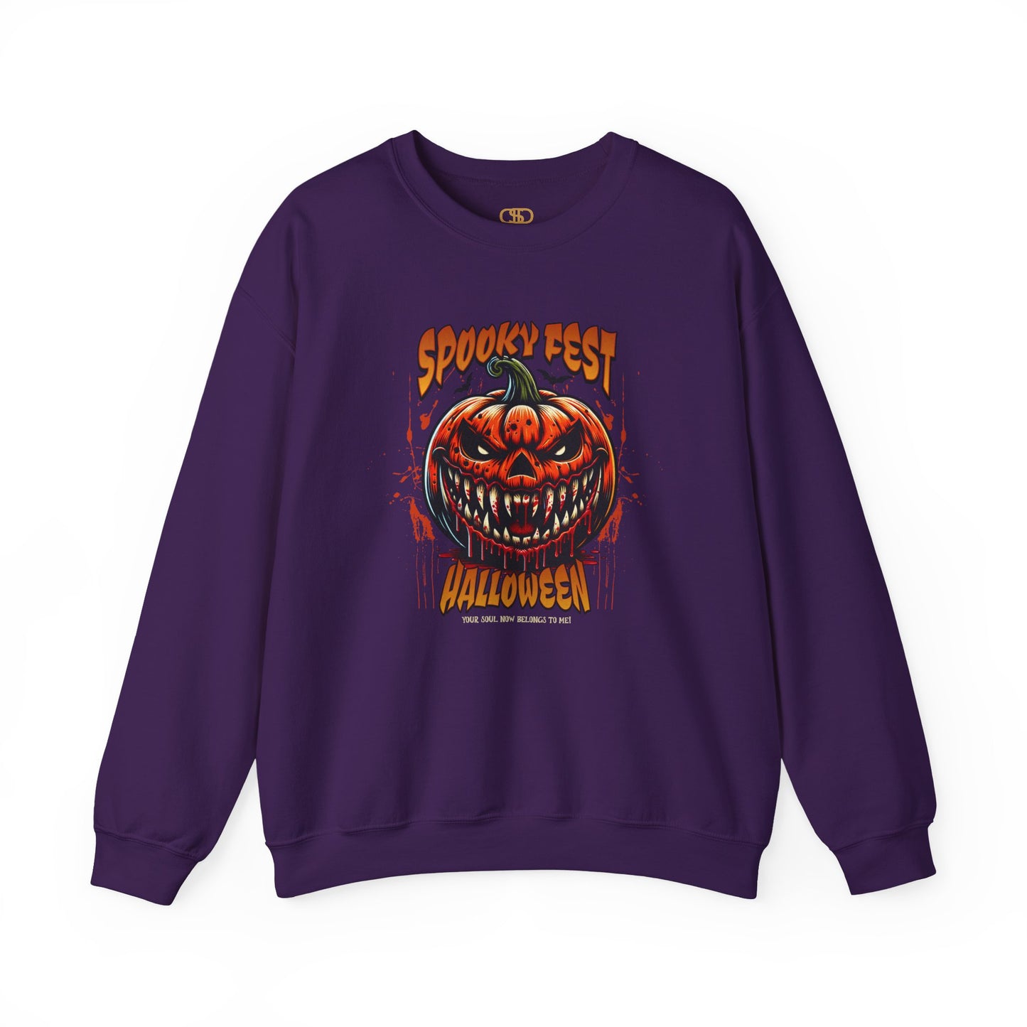 A purple sweater featuring a Scary fanged jack-o'-lantern with "Spooky Fest Halloween Your Soul Now Belongs To Me!" text, orange and black horror sweatshirt.