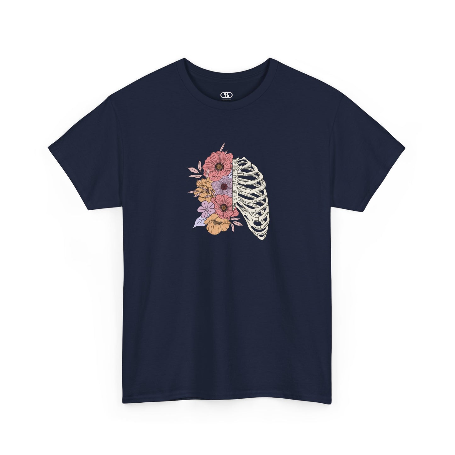 T-shirt with a lung graphic, half skeletal ribcage, half flowers.
