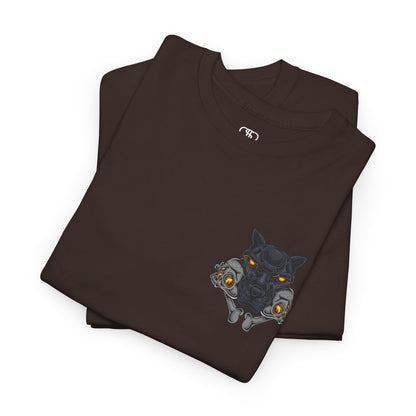 A folded DARK BROWN T-shirt with a daring dog graphic biting two skulls, all with glowing molten lava-like eyes.