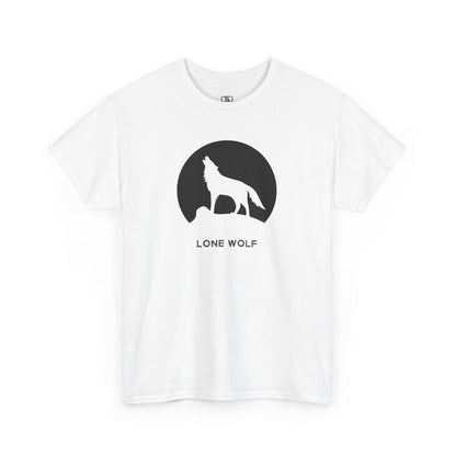 Graphic t-shirt with a black silhouette of a wolf howling on a mountain peak, with the words 'lone wolf' underneath.