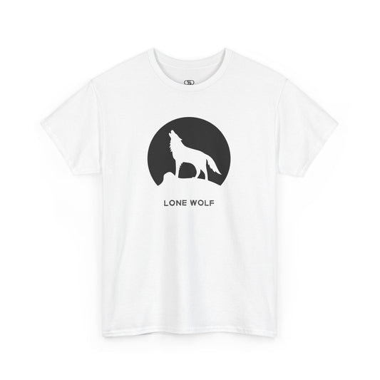 Graphic t-shirt with a black silhouette of a wolf howling on a mountain peak, with the words 'lone wolf' underneath.