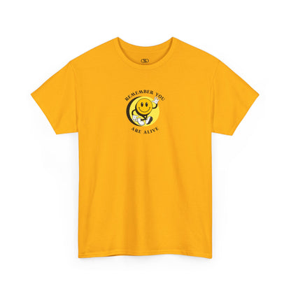 Front of a t-shirt showing a smiling waving emoji with curved text "Remember You Are Alive." The back shows a vibrant, smiling sunflower with the words "Make the Best Out of Everyday."