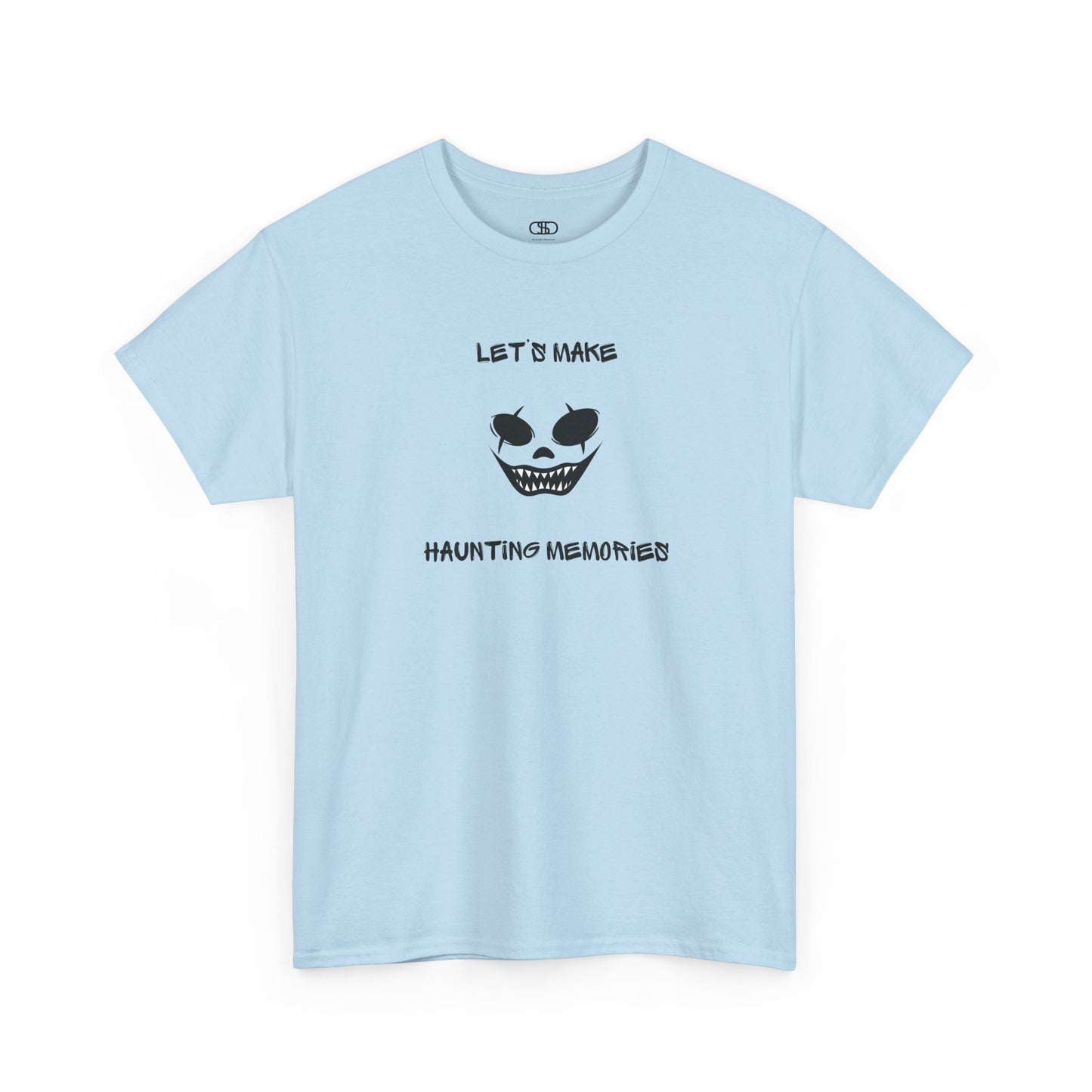 A Light blue T-shirt with a daring clown graphic with sharp teeth and scars, and "Let’s Make Haunting Memories" text.