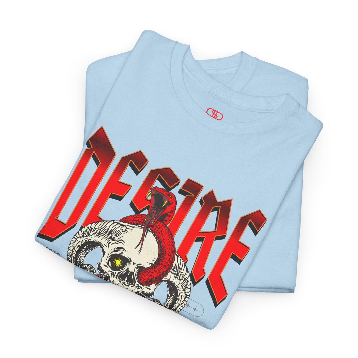 A folded light blue t-shirt featuring a Horned skull with glowing eye and red snake wrapped around it, "Desire Death's Touch" text, gothic t-shirt design.