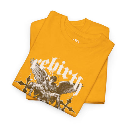 A folded gold T-shirt featuring a Angel carrying a figure with "Rebirth" text, white and black gothic spiritual art t-shirt.