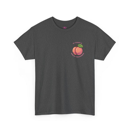 A heather gray t-shirt with a peach and the words “My Weight is None of your Business” on the front and the full phrase in a retro font on the back.