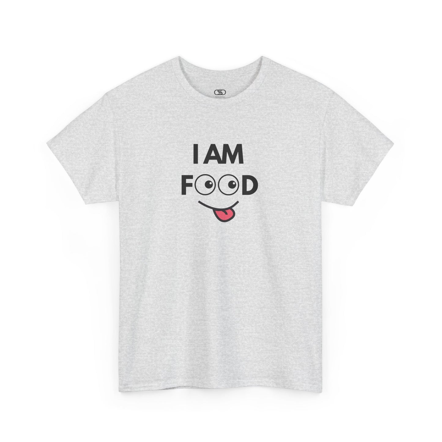 An ash gray T-shirt with "I AM FOOD" text, where the 'OO' are cartoon eyes, and a tongue-out graphic.