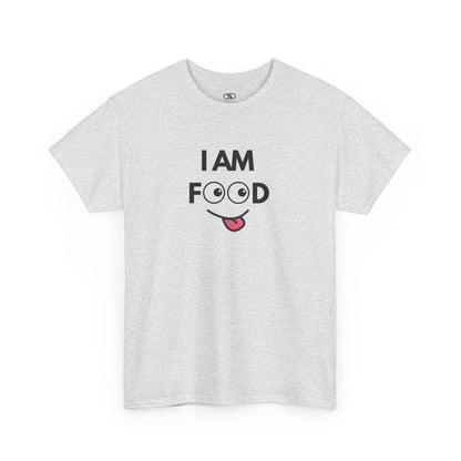 An ash gray T-shirt with "I AM FOOD" text, where the 'OO' are cartoon eyes, and a tongue-out graphic.