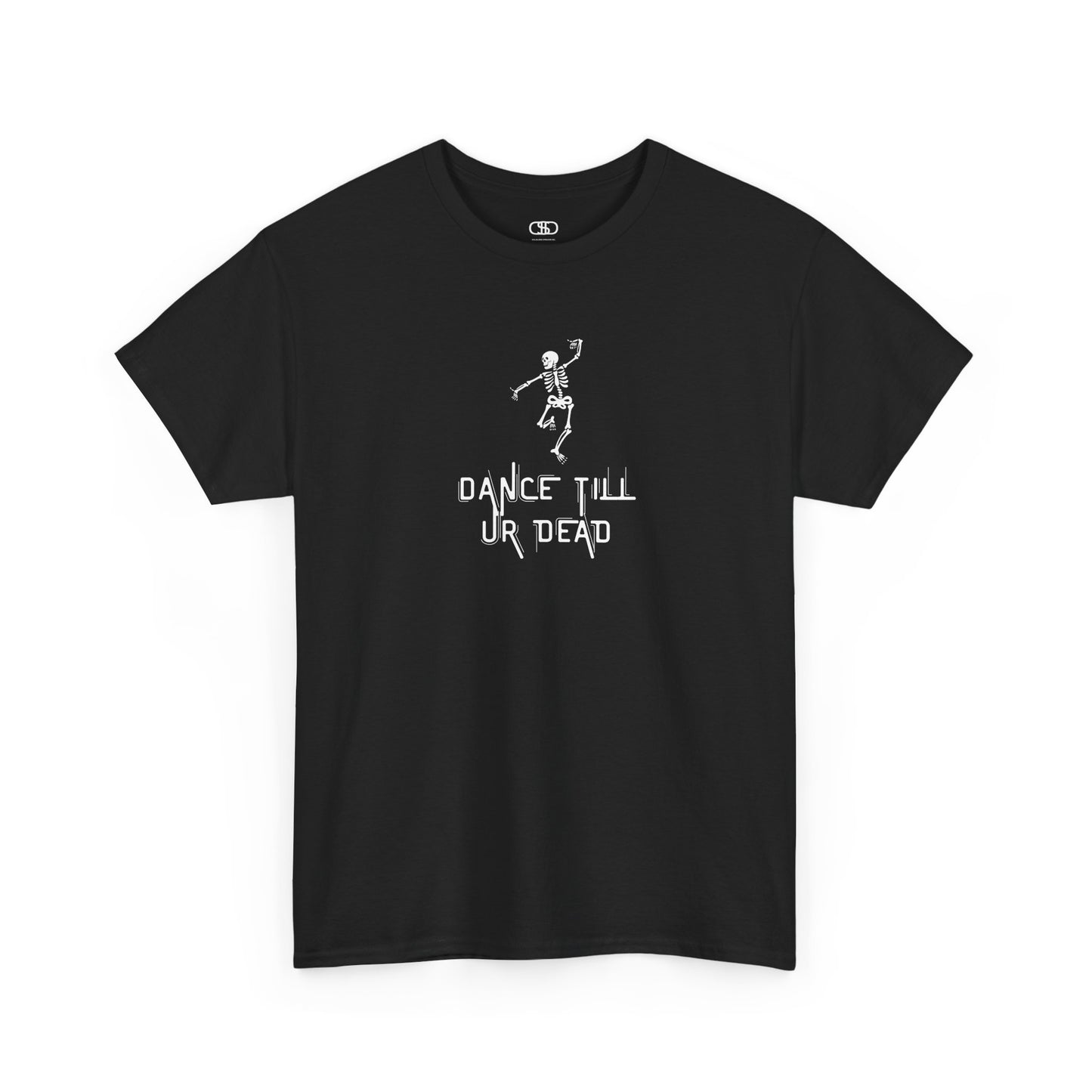 T-shirt with a dancing skeleton graphic and "Dance Till Ur Dead" text in a creative font.