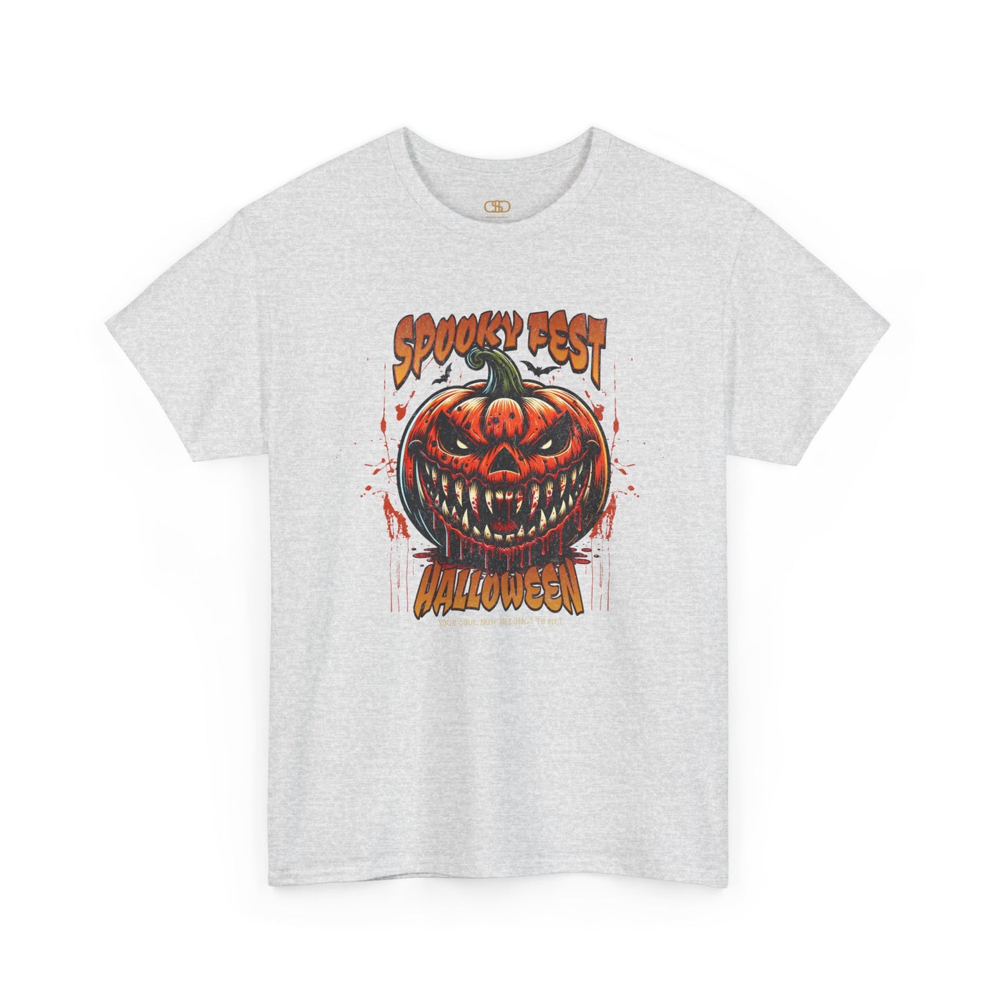 An ash gray t-shirt featuring a Scary fanged jack-o'-lantern with "Spooky Fest Halloween Your Soul Now Belongs To Me!" text, orange and black horror t-shirt.