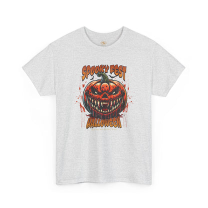 An ash gray t-shirt featuring a Scary fanged jack-o'-lantern with "Spooky Fest Halloween Your Soul Now Belongs To Me!" text, orange and black horror t-shirt.
