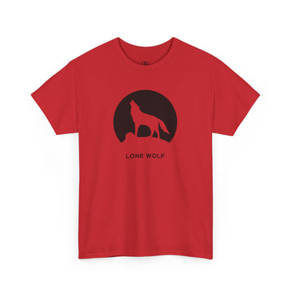 Graphic t-shirt with a black silhouette of a wolf howling on a mountain peak, with the words 'lone wolf' underneath.