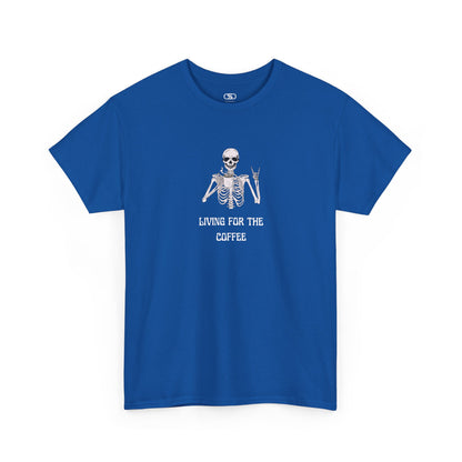  A royal blue T-shirt with a skeleton holding a hot coffee, displaying a rock hand symbol, and "Living For The Coffee" text.
