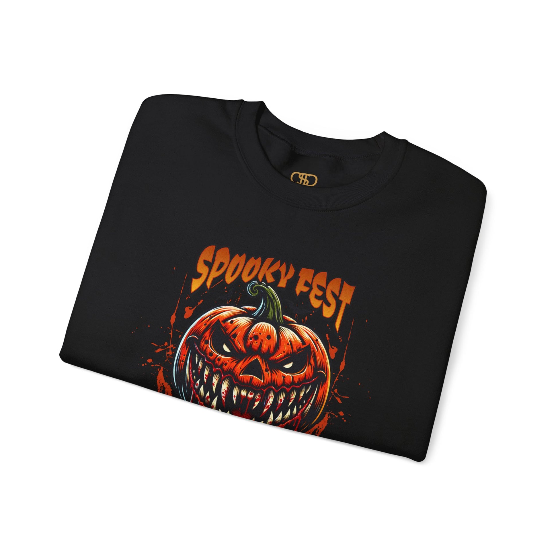 A folded black sweater featuring a Scary fanged jack-o'-lantern with "Spooky Fest Halloween Your Soul Now Belongs To Me!" text, orange and black horror sweatshirt.