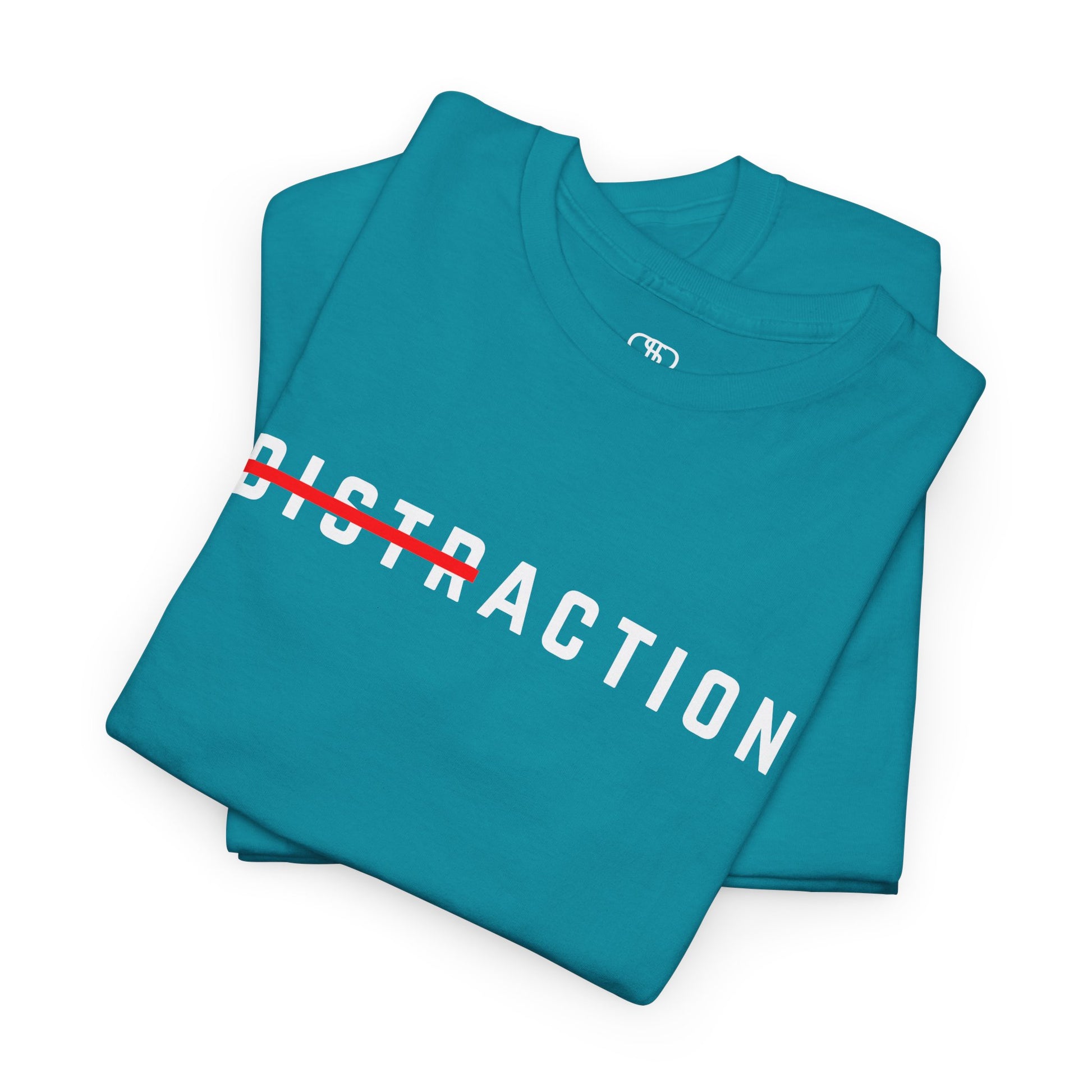 A folded A minimalist t-shirt featuring the word "Distraction" with the 'Dist' part crossed out, emphasizing the word 'Action' in a bold font.