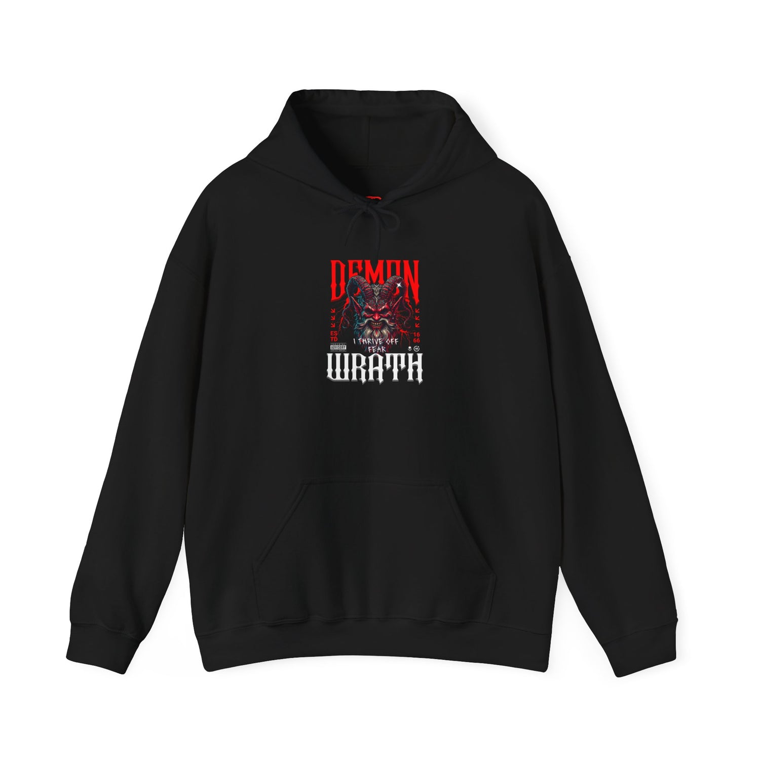 A black hoodie featuring a Red horned demon head with "Demon Wrath" text and lightning, gothic horror apparel design.