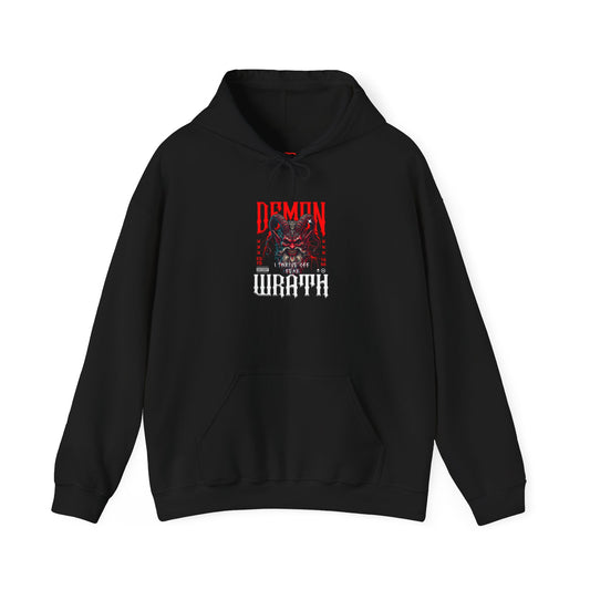 A black hoodie featuring a Red horned demon head with "Demon Wrath" text and lightning, gothic horror apparel design.