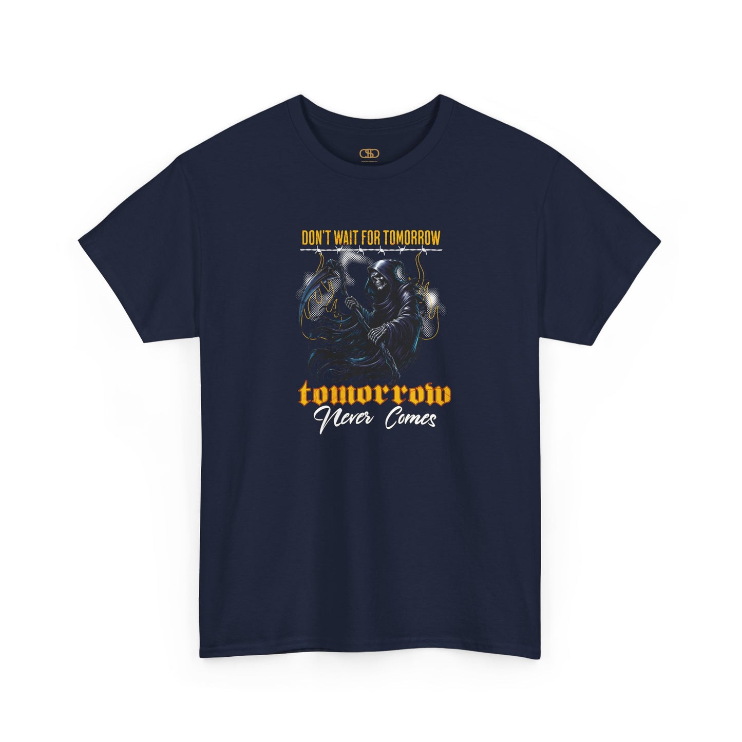 A navy blue t-shirt featuring a Grim Reaper holding scythe with "Don't Wait For Tomorrow Tomorrow Never Comes" text, dark gothic t-shirt design.
