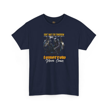A navy blue t-shirt featuring a Grim Reaper holding scythe with "Don't Wait For Tomorrow Tomorrow Never Comes" text, dark gothic t-shirt design.