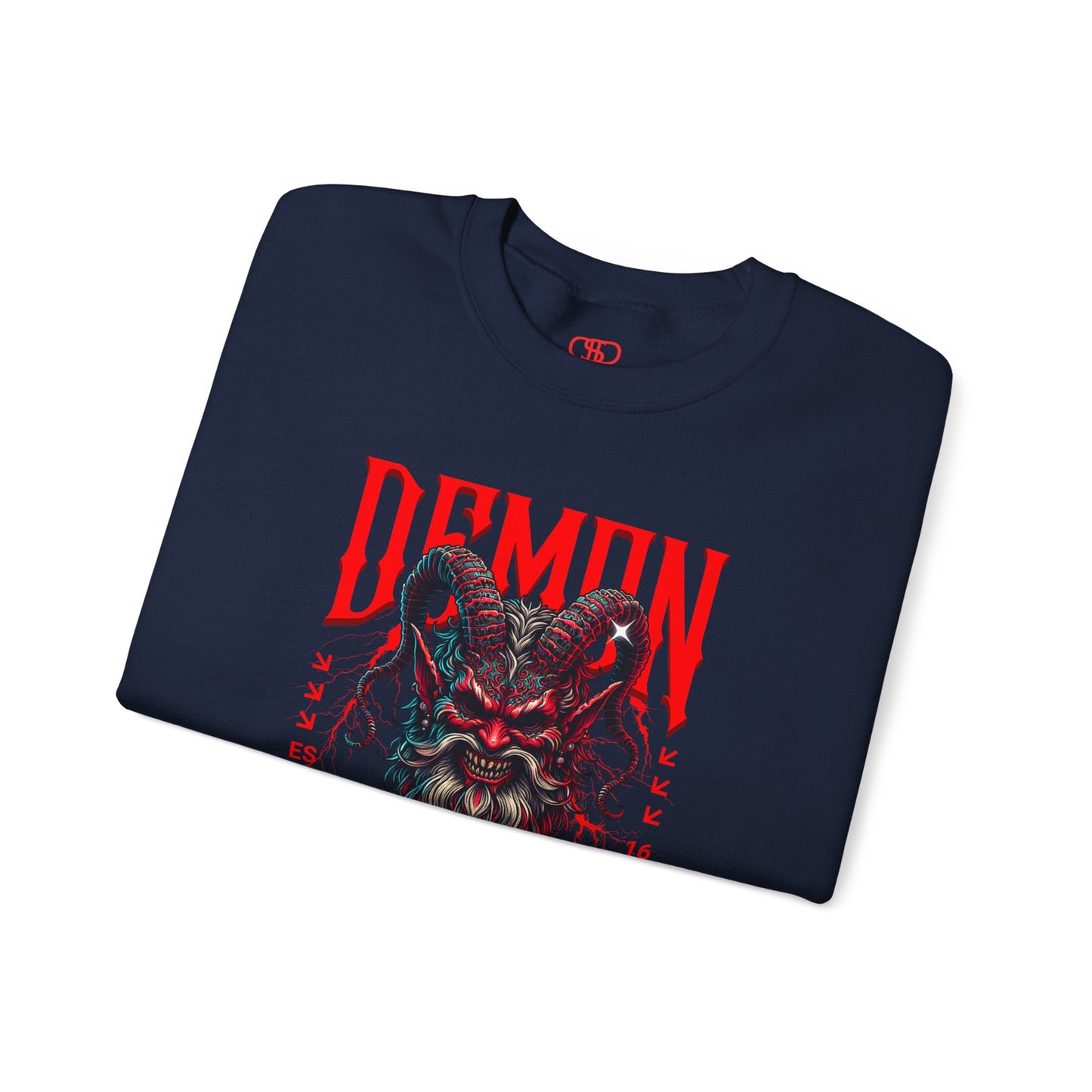 A folded navy sweater featuring a Red horned demon head with "Demon Wrath" text and lightning, gothic horror apparel design.