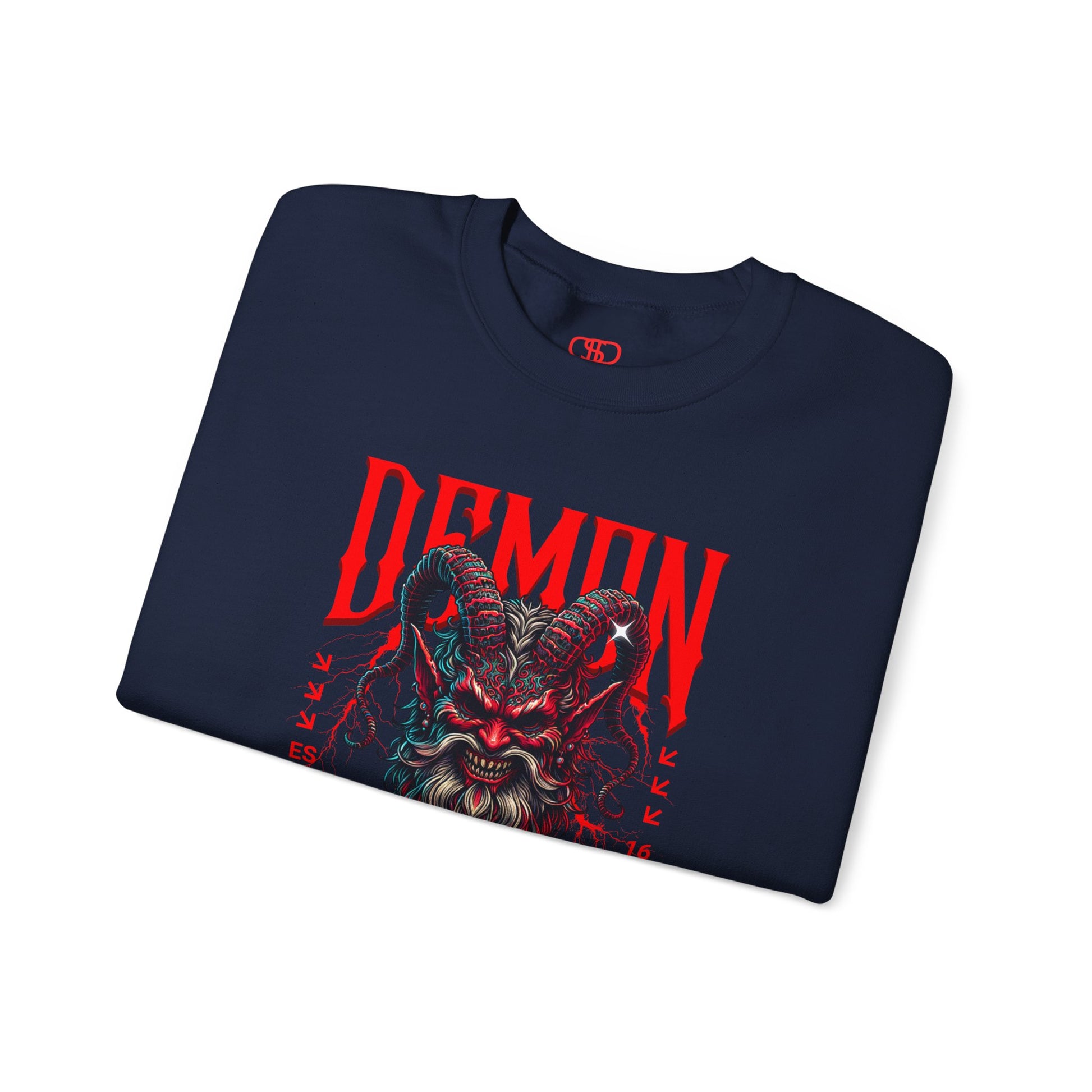 A folded navy sweater featuring a Red horned demon head with "Demon Wrath" text and lightning, gothic horror apparel design.