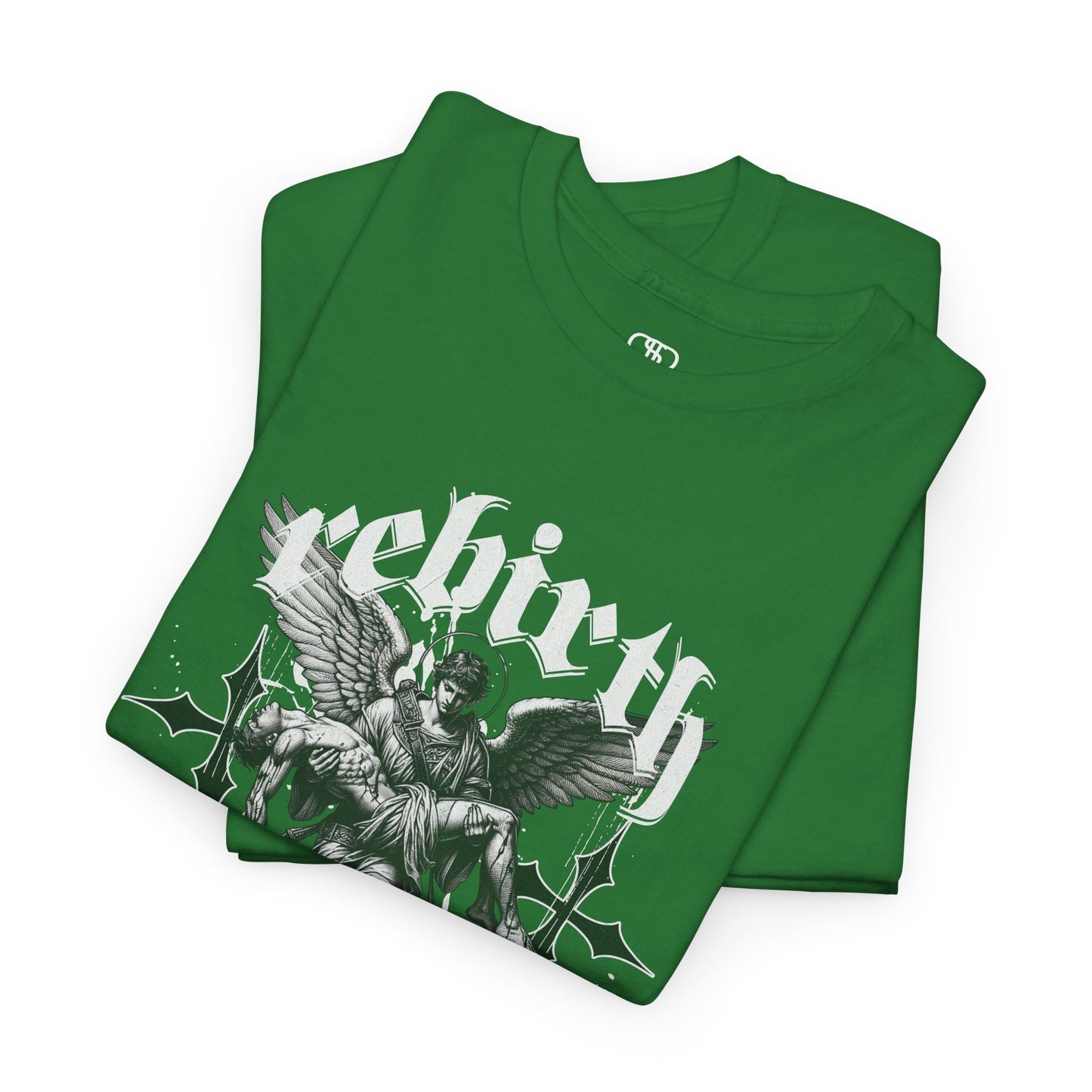 A folded turf green T-shirt featuring a Angel carrying a figure with "Rebirth" text, white and black gothic spiritual art t-shirt.
