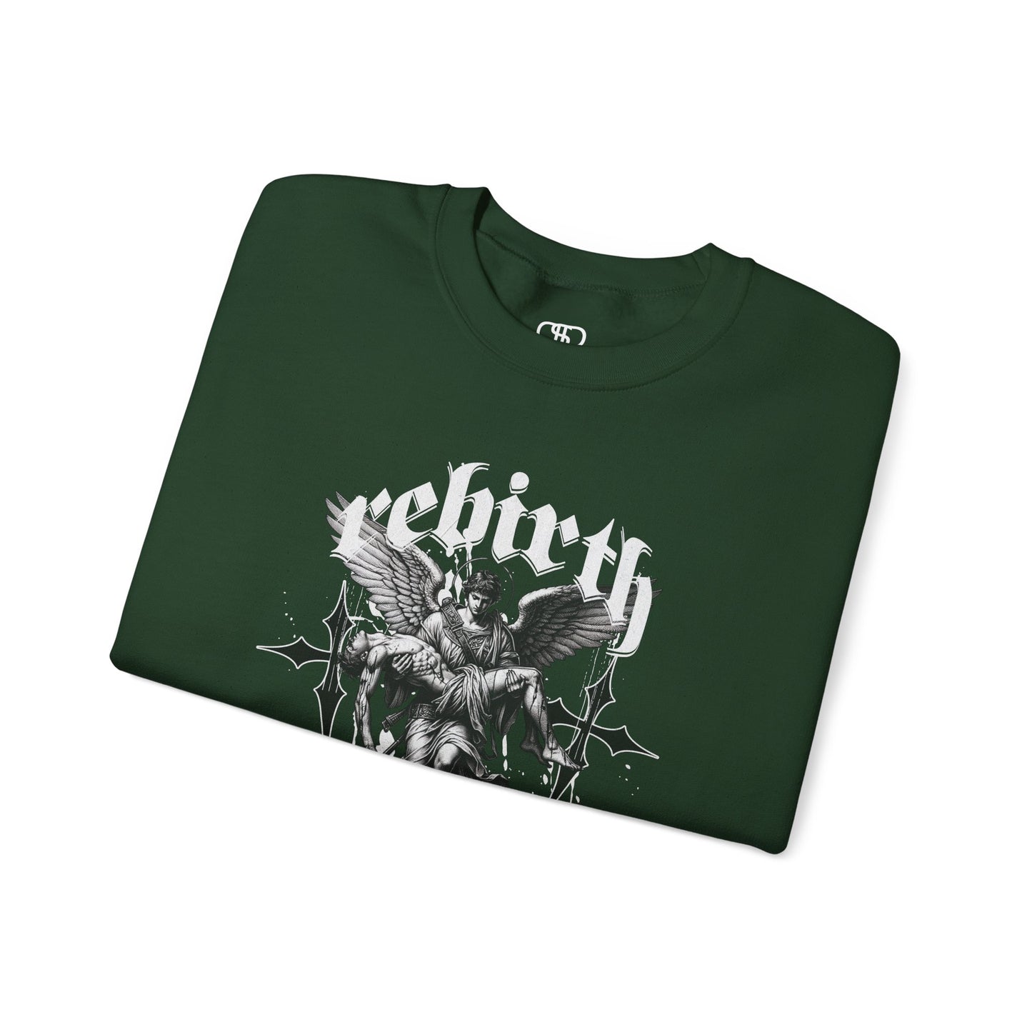A folded forest green Sweater featuring an Angel carrying a figure with "Rebirth" text, white and black gothic spiritual art apparel.