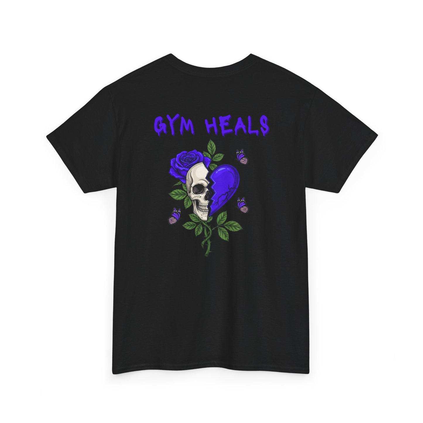 A black t-shirt with a front design of a half skull, half broken purple heart, and a rose. The back reads "Gym Heals" along with a similar design found on the front.