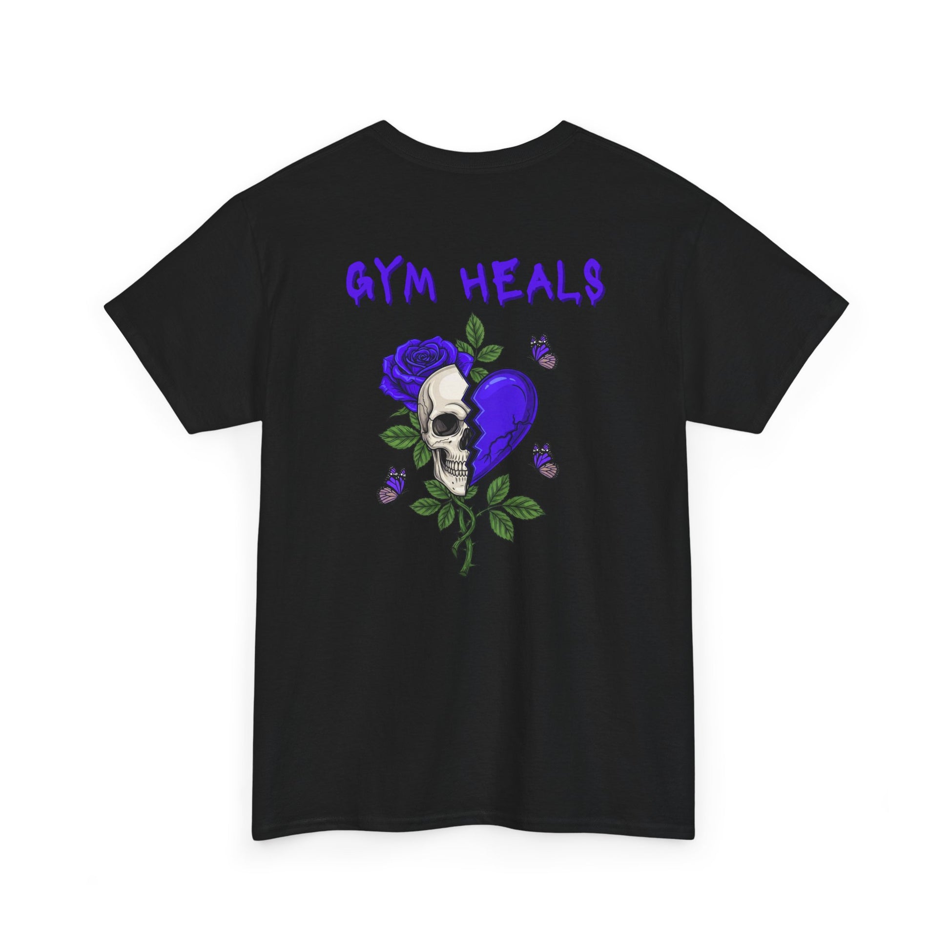 A black t-shirt with a front design of a half skull, half broken purple heart, and a rose. The back reads "Gym Heals" along with a similar design found on the front.
