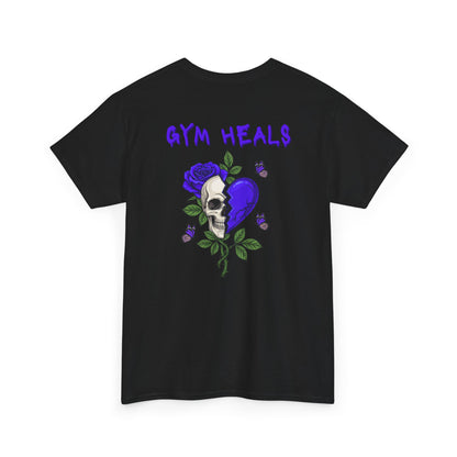 A black t-shirt with a front design of a half skull, half broken purple heart, and a rose. The back reads "Gym Heals" along with a similar design found on the front.