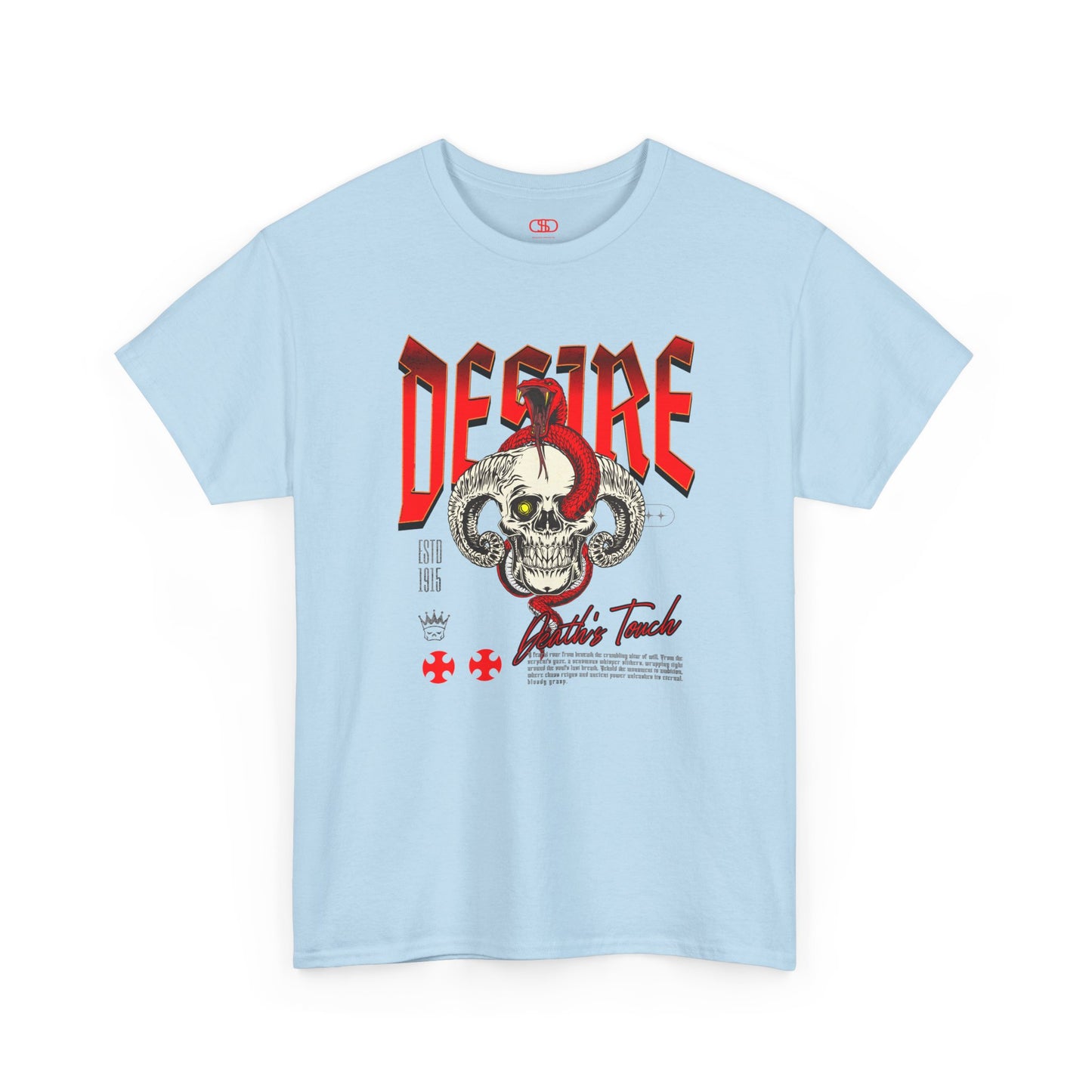 A light blue t-shirt featuring a Horned skull with glowing eye and red snake wrapped around it, "Desire Death's Touch" text, gothic t-shirt design.