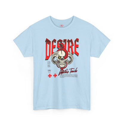 A light blue t-shirt featuring a Horned skull with glowing eye and red snake wrapped around it, "Desire Death's Touch" text, gothic t-shirt design.