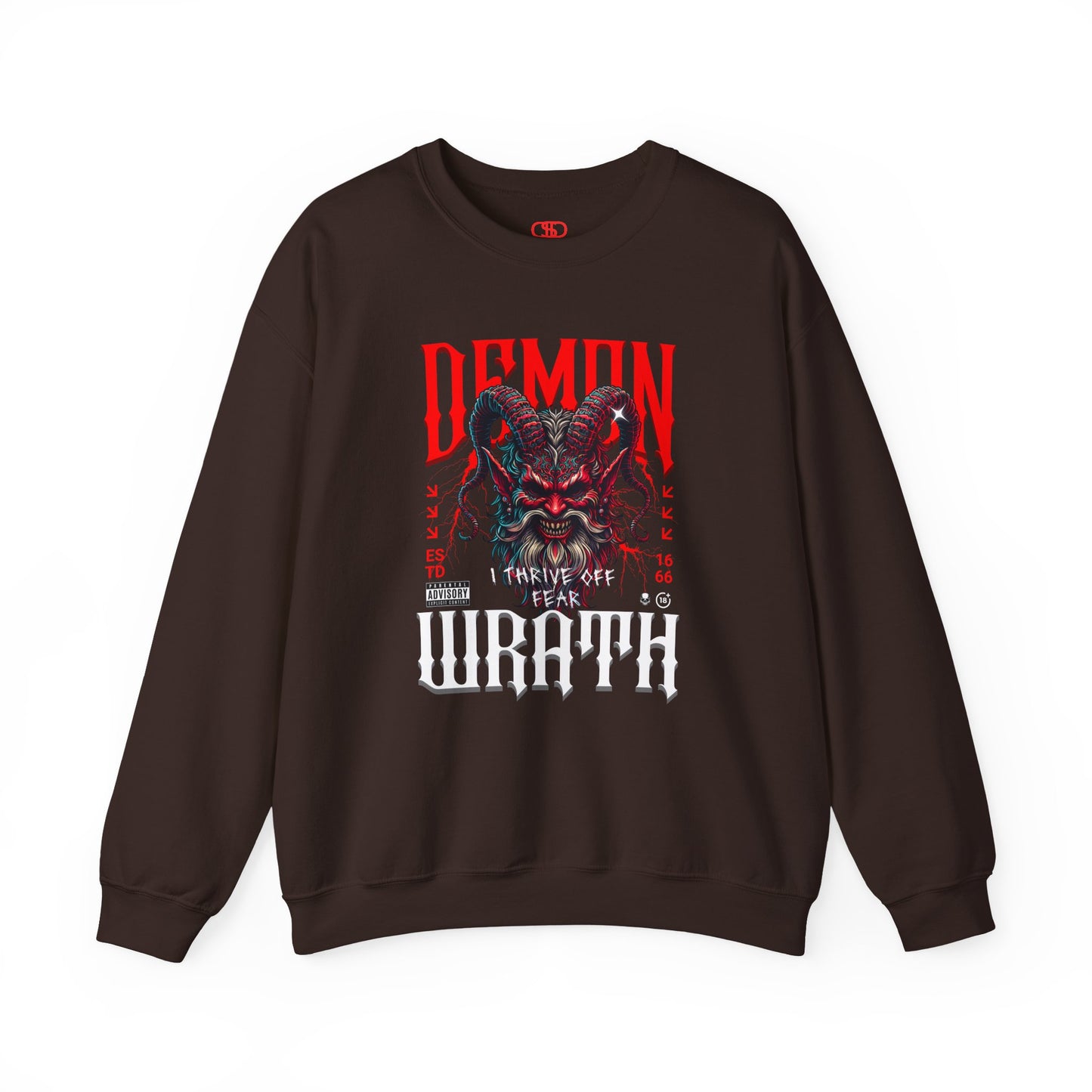 A dark brown sweater featuring a Red horned demon head with "Demon Wrath" text and lightning, gothic horror apparel design.