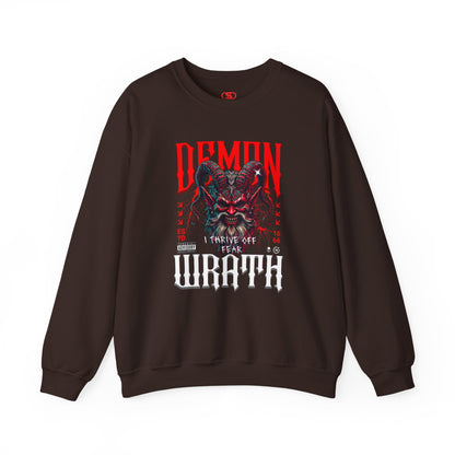 A dark brown sweater featuring a Red horned demon head with "Demon Wrath" text and lightning, gothic horror apparel design.