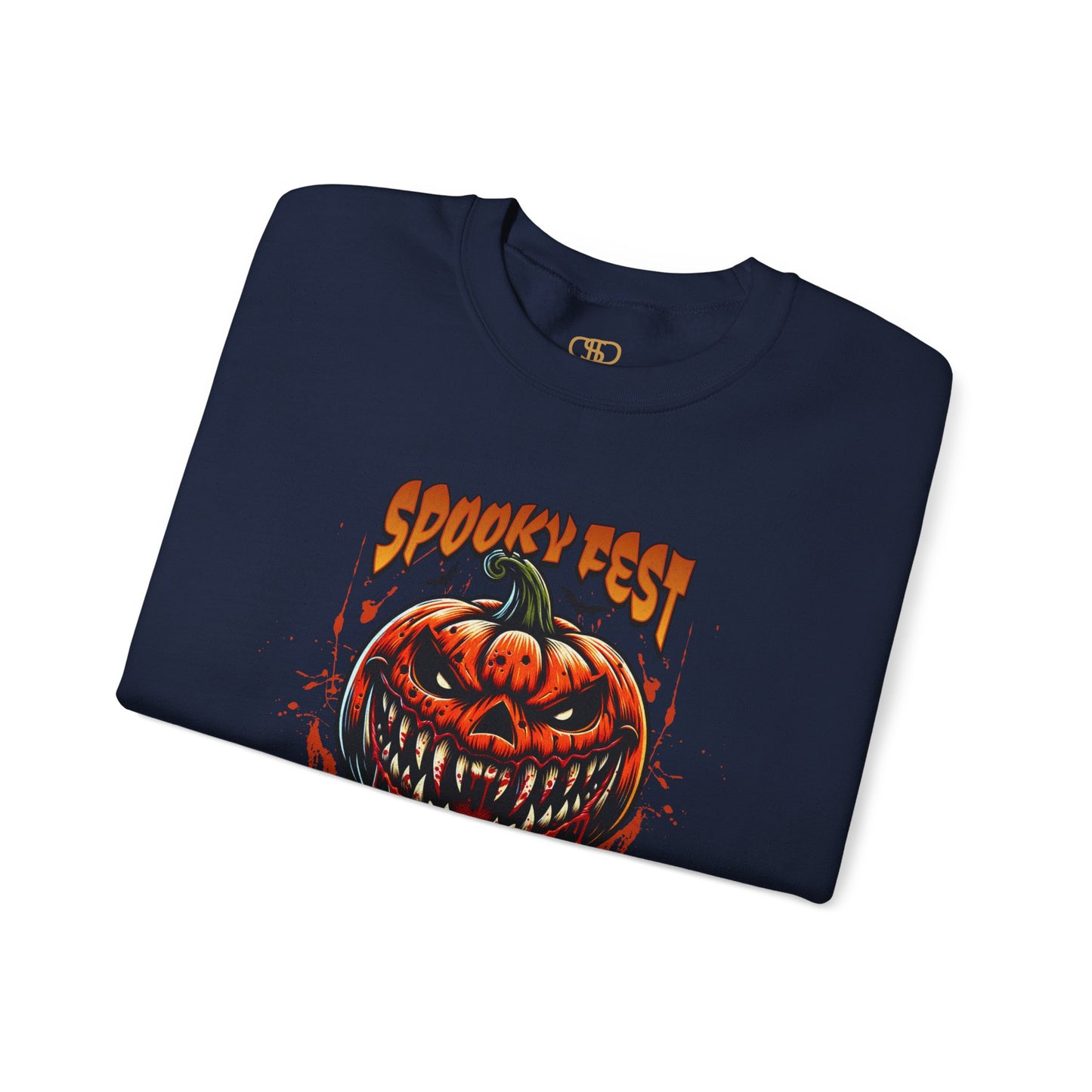 A folded navy sweater featuring a Scary fanged jack-o'-lantern with "Spooky Fest Halloween Your Soul Now Belongs To Me!" text, orange and black horror sweatshirt.