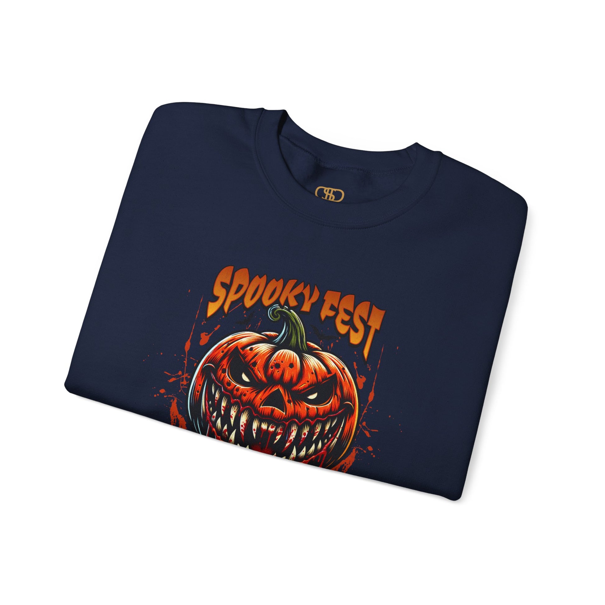 A folded navy sweater featuring a Scary fanged jack-o'-lantern with "Spooky Fest Halloween Your Soul Now Belongs To Me!" text, orange and black horror sweatshirt.