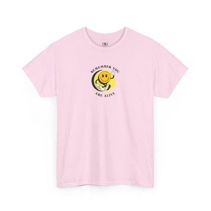Light Pink Front of a t-shirt showing a smiling waving emoji with curved text "Remember You Are Alive." The back shows a vibrant, smiling sunflower with the words "Make the Best Out of Everyday."