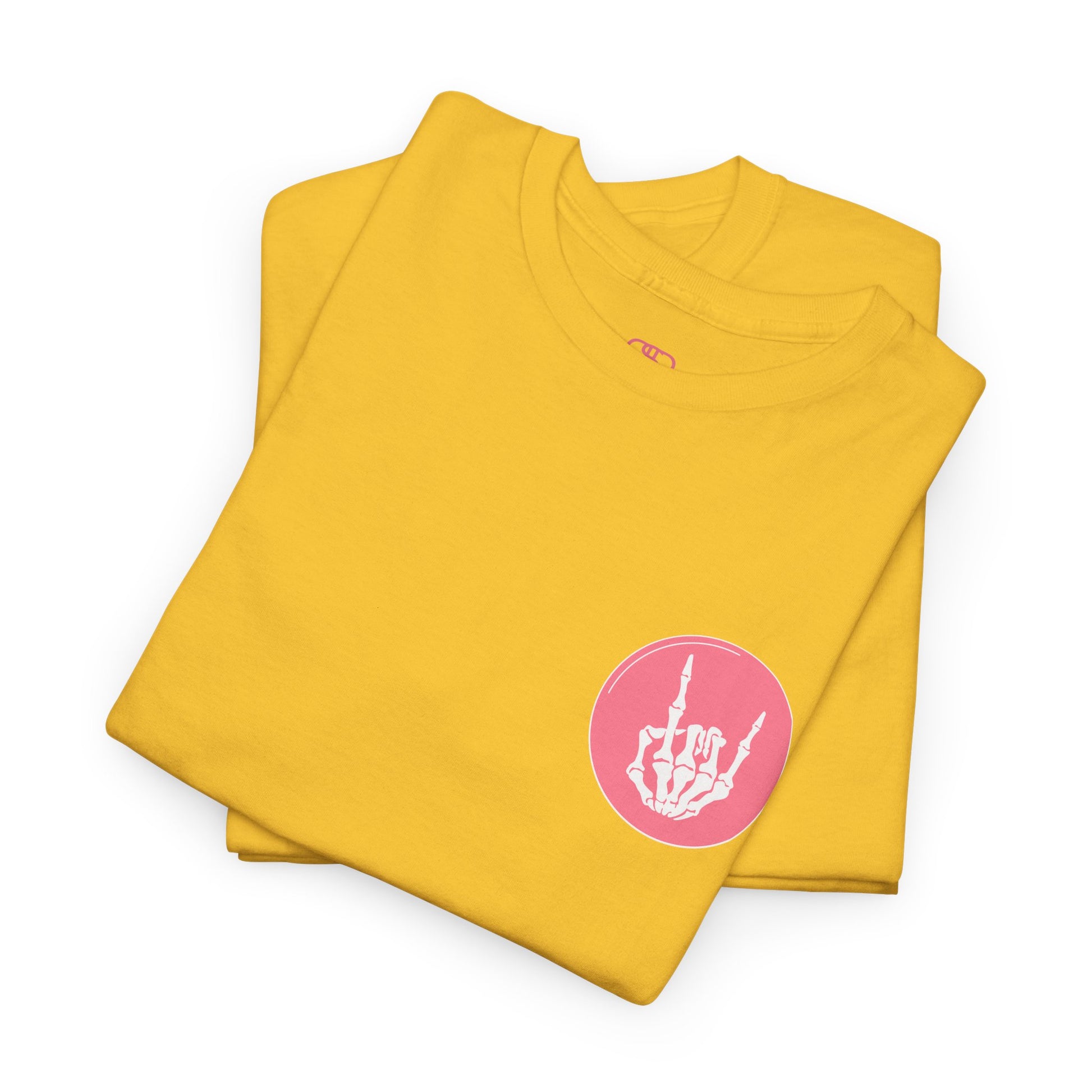 A folded daisy t-shirt with a skeletal hand in a bubble on the front and the phrase “Sorry you’re intimidated by my resting Bitch ace I’m actually a fucking delight” on the back.