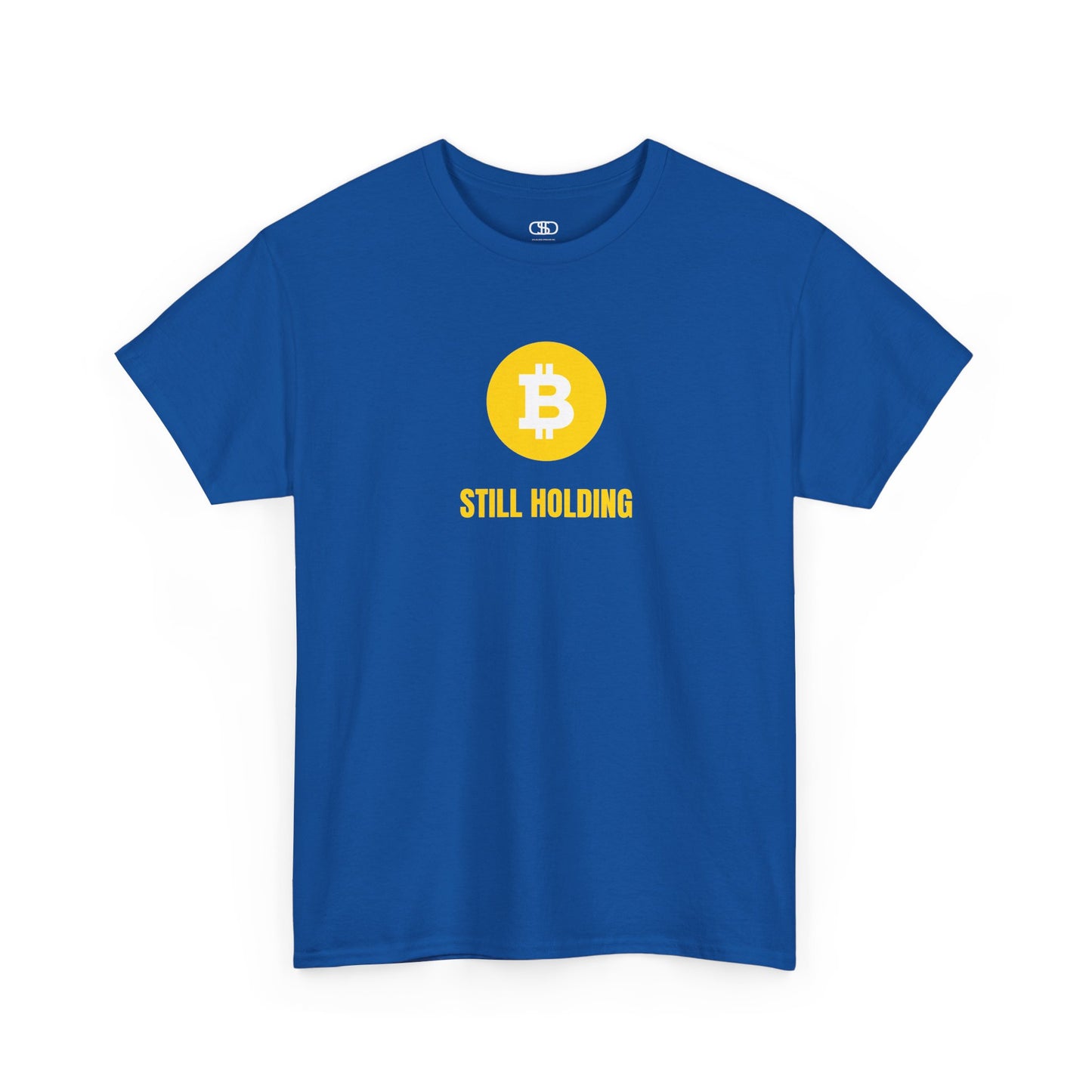 A Royal blue  T-shirt with a Bitcoin emblem and "Still Holding" text in gold.