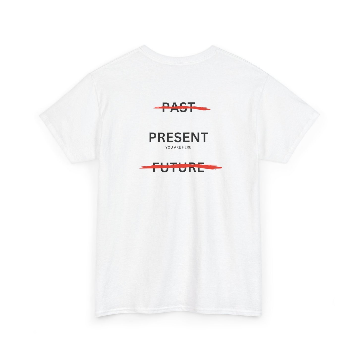  Back of a t-shirt with a design illustrating the importance of the present: the word 'Past' is crossed out, followed by 'Present' and the phrase 'you are here', and finally the word 'Future' is also crossed out.