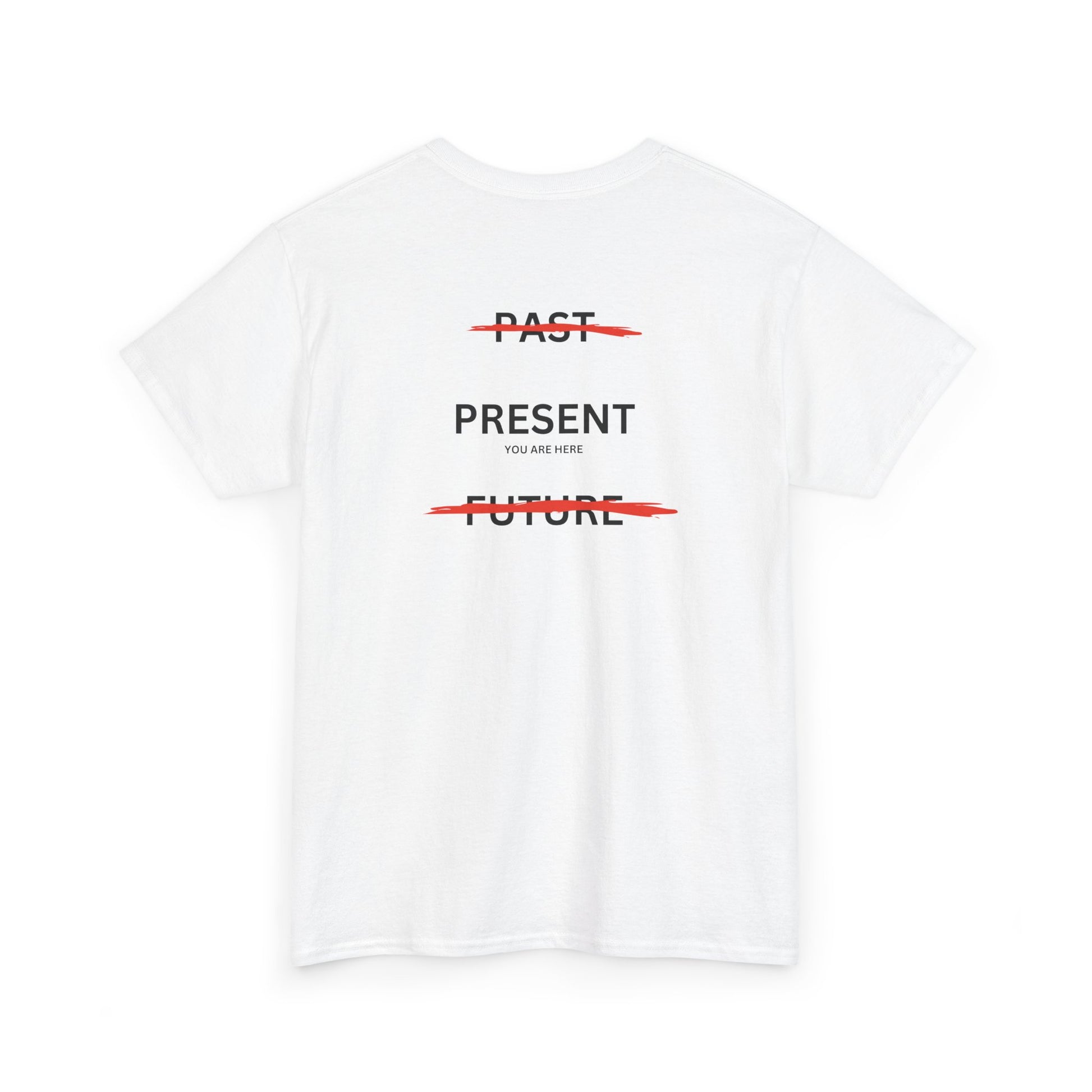 Back of a t-shirt with a design illustrating the importance of the present: the word 'Past' is crossed out, followed by 'Present' and the phrase 'you are here', and finally the word 'Future' is also crossed out.