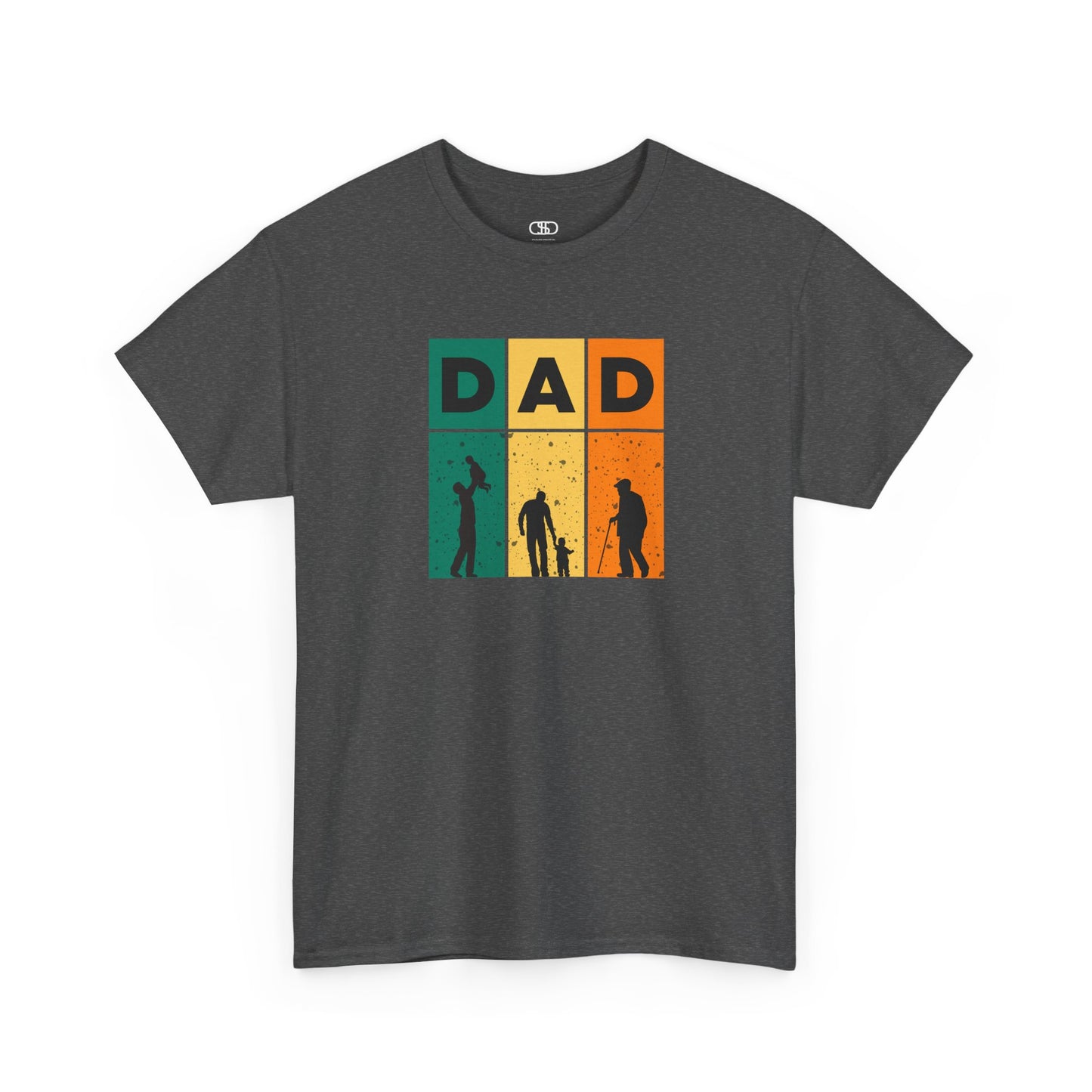 A Heather Gray T-shirt with "DAD" letters, each letter showing a different stage of a father's life (lifting child, walking with child, old age).