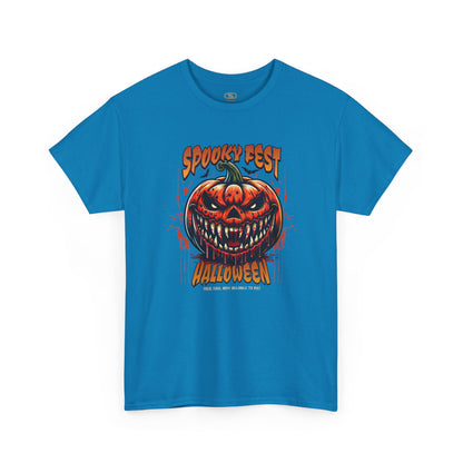 A t-shirt featuring a Scary fanged jack-o'-lantern with "Spooky Fest Halloween Your Soul Now Belongs To Me!" text, orange and black horror t-shirt.