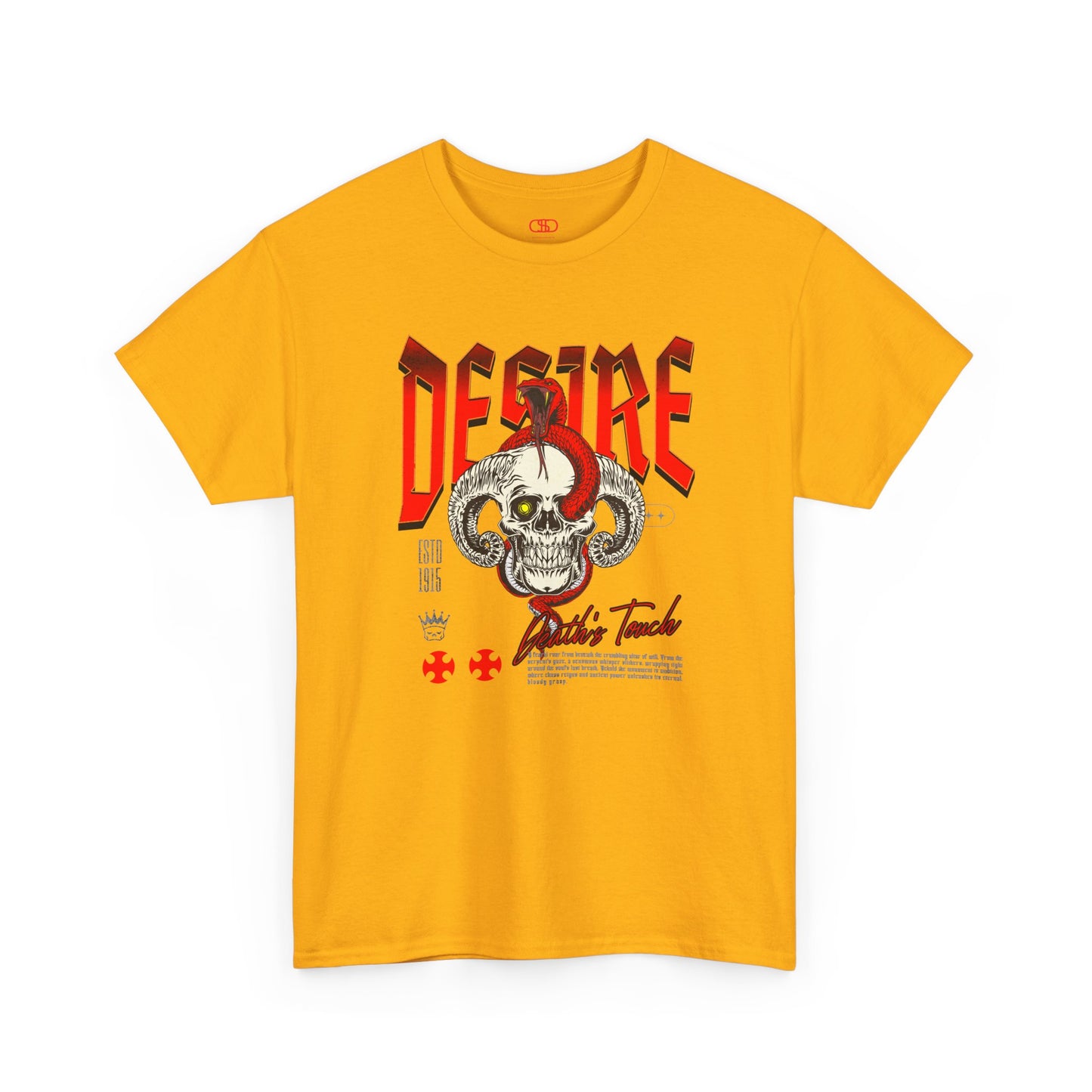 A gold t-shirt featuring a Horned skull with glowing eye and red snake wrapped around it, "Desire Death's Touch" text, gothic t-shirt design.