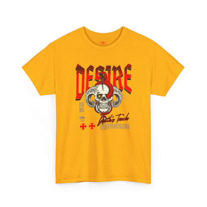 A gold t-shirt featuring a Horned skull with glowing eye and red snake wrapped around it, "Desire Death's Touch" text, gothic t-shirt design.