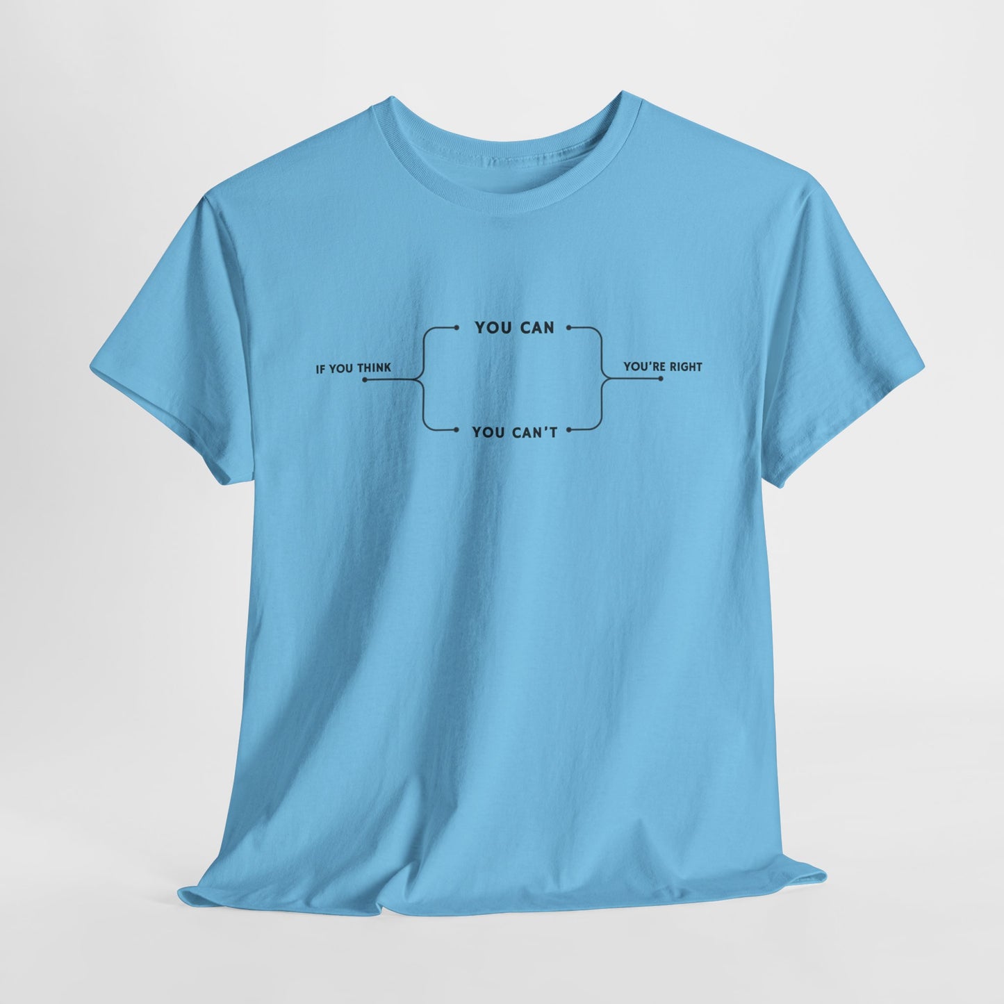  A t-shirt with a motivational flowchart design. It starts with "If you think..." which leads via arrows to two paths, "You can" and "You can't." Both paths converge at the bottom with the concluding phrase, "you are right."