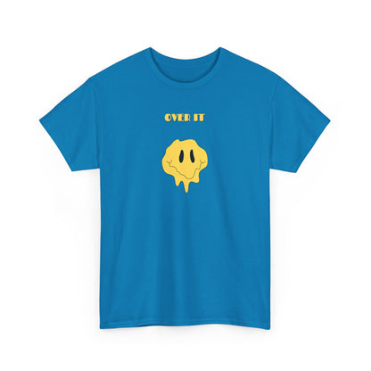 A t-shirt with a graphic of a yellow smiley face emoji melting into a puddle, with the words "Over It" printed below in a bold font.