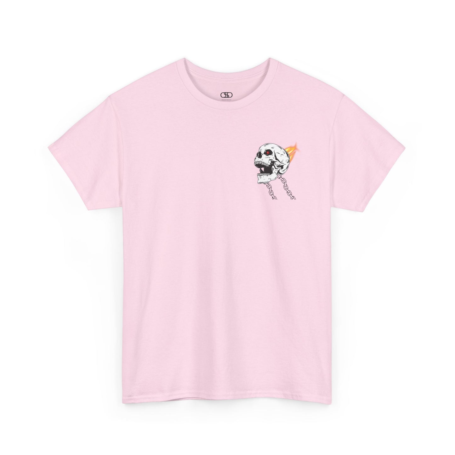 A light Pink T-shirt with a daring skeleton graphic, red glowing eye, chains forming wings, and a flame background