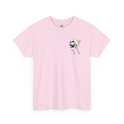 A light Pink T-shirt with a daring skeleton graphic, red glowing eye, chains forming wings, and a flame background