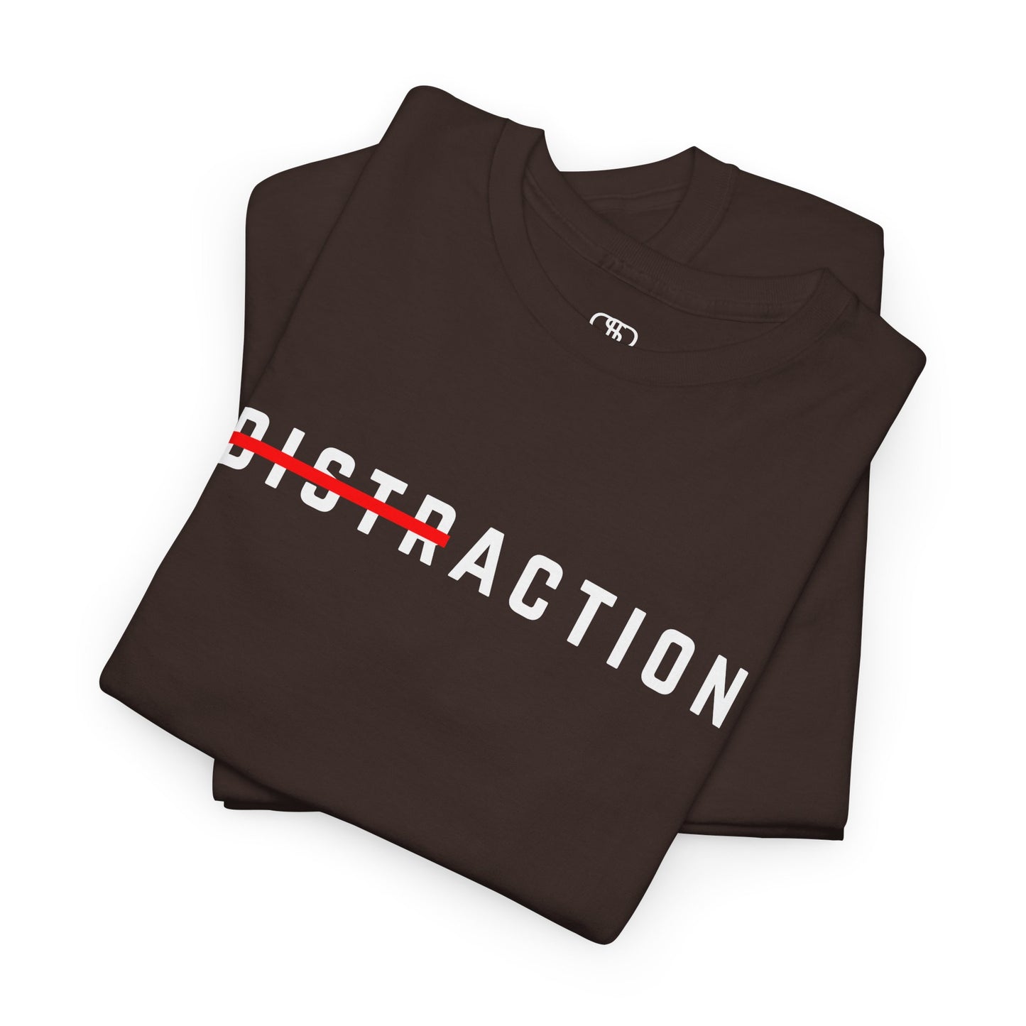 A folded A minimalist t-shirt featuring the word "Distraction" with the 'Dist' part crossed out, emphasizing the word 'Action' in a bold font.